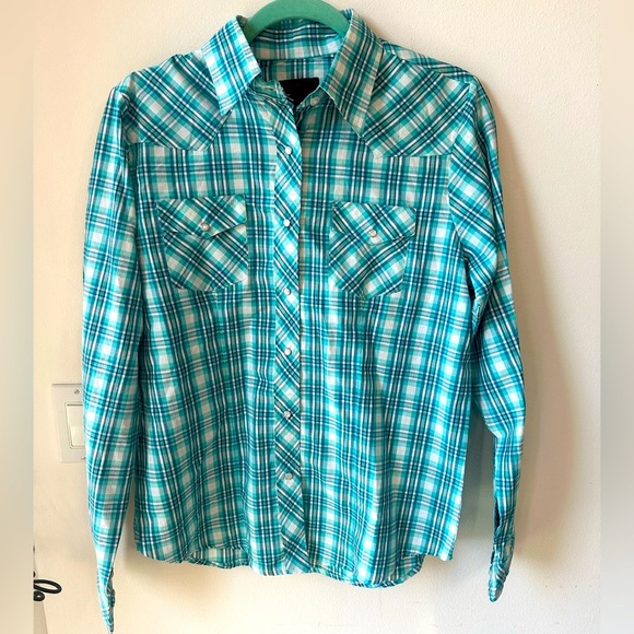 Cowgirl Legend plaid teal white & silver shirt with pearlized snaps size Large - Picture 1 of 6
